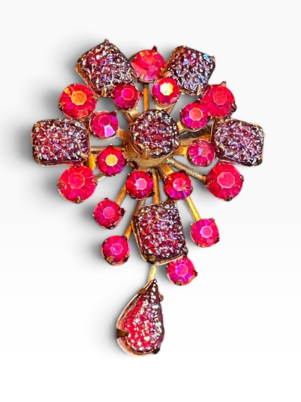 Vintage Bright Pink Rhinestone & Oil Slick Lava Glass Brooch